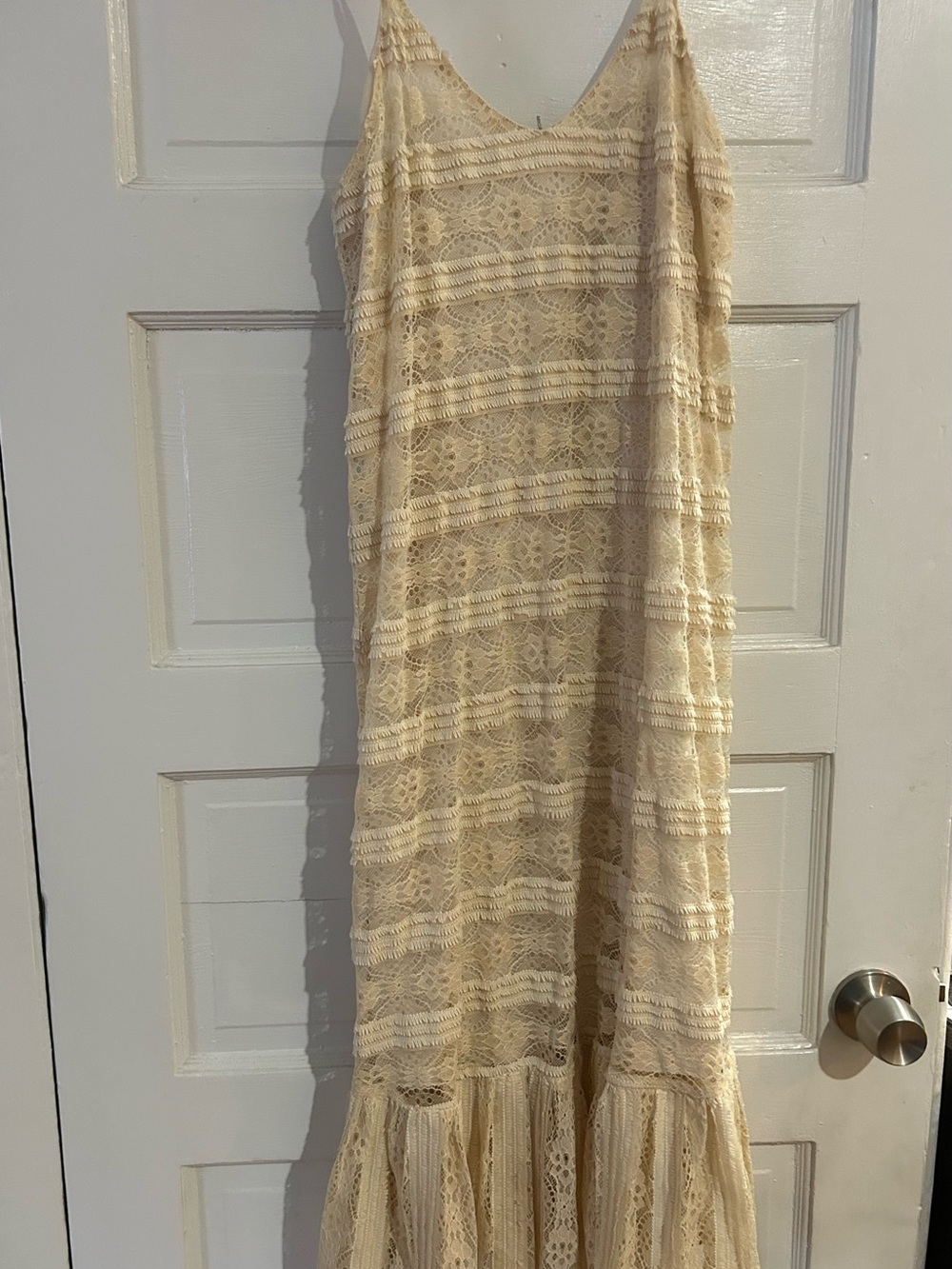 Women's Cream Lace Maxi Dress - Sleeveless V-Neck